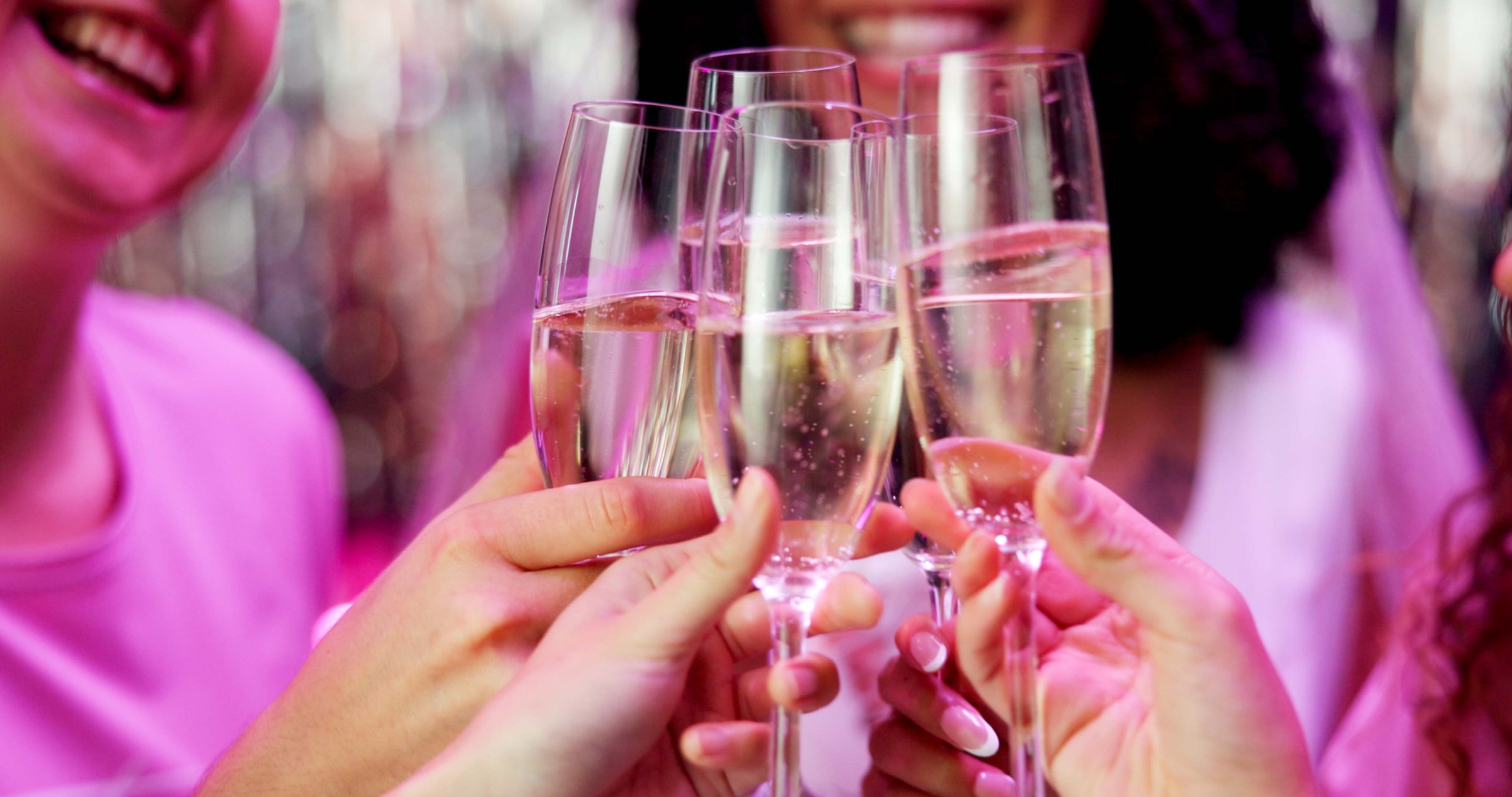 Bachelorette party, champagne and hands with friends and toast for bride to be, wedding and night out. Support, bridal shower and hen do with people and drinks for social event, woman and happiness