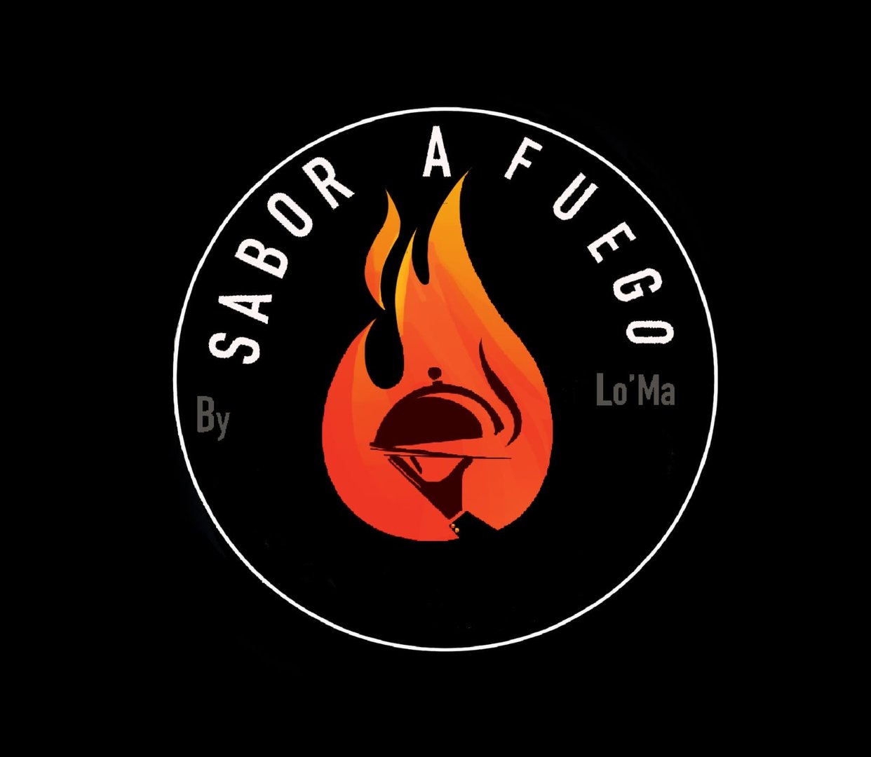 Logo with a flaming pepper design, "Sabor a Fuego by Lo'Ma" text in a circle, on a black background.