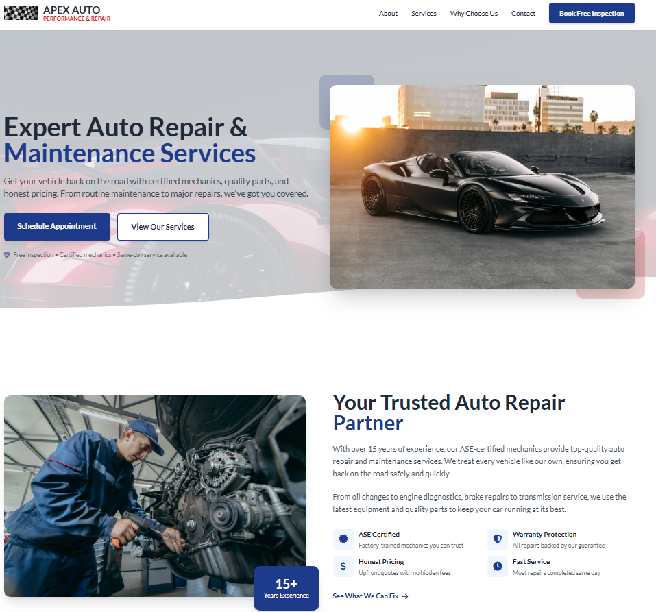 Professional automotive services website mockup