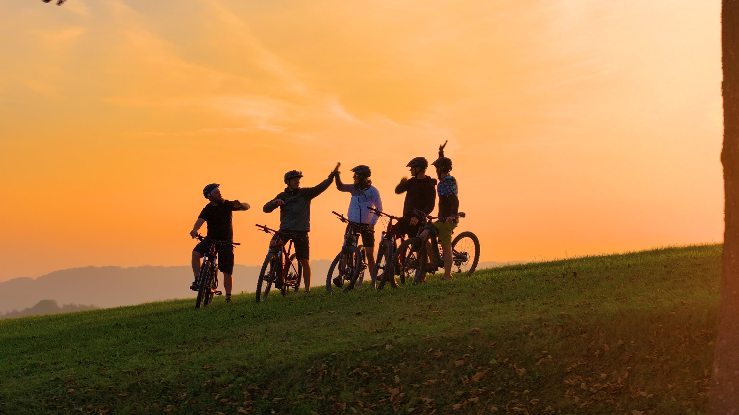 SILHOUETTE: Golden sunset and a group of mountain bikers celebrating on top of the hill after joyful uphill ride. Beautiful autumn day for cycling and exploring the scenic countryside with friends.