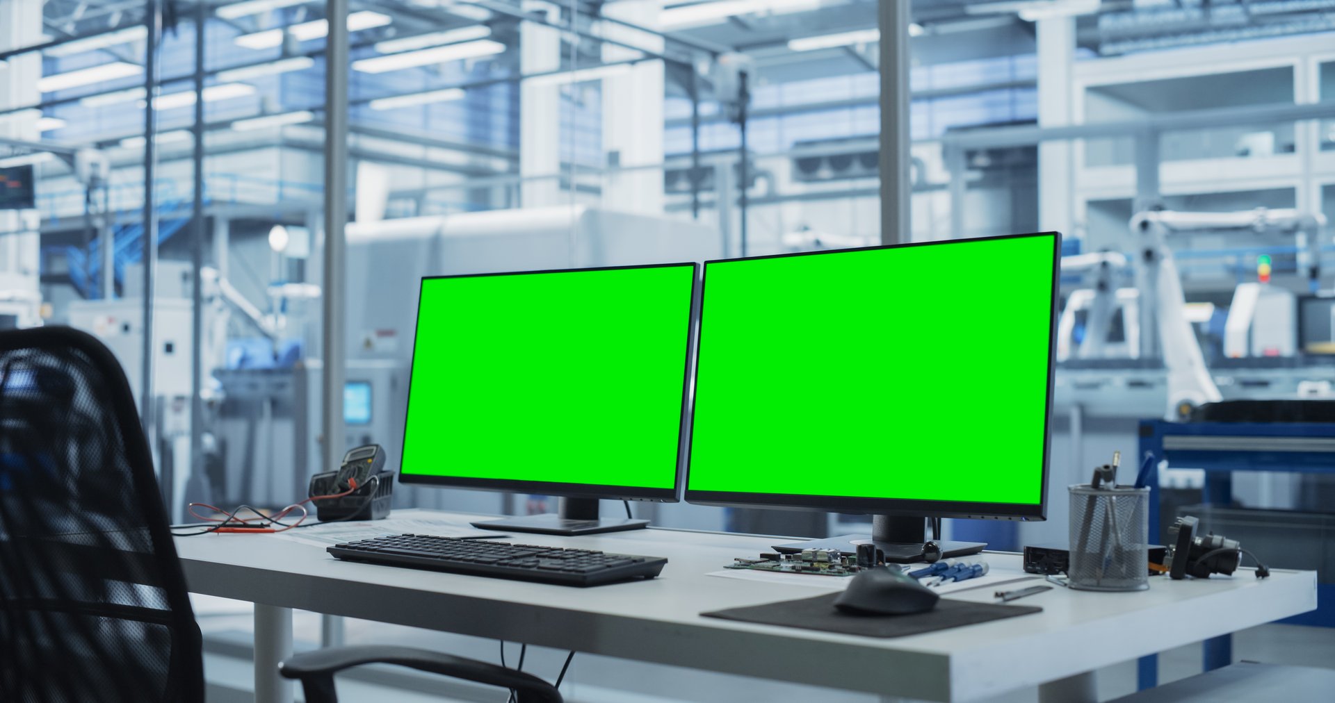 Modern Industrial Manufacture with Desktop Computers with Green Screen Mock Up Display. Scientific Lab, Engineering Research Center with High-Tech Equipment, Technology for Robot Development