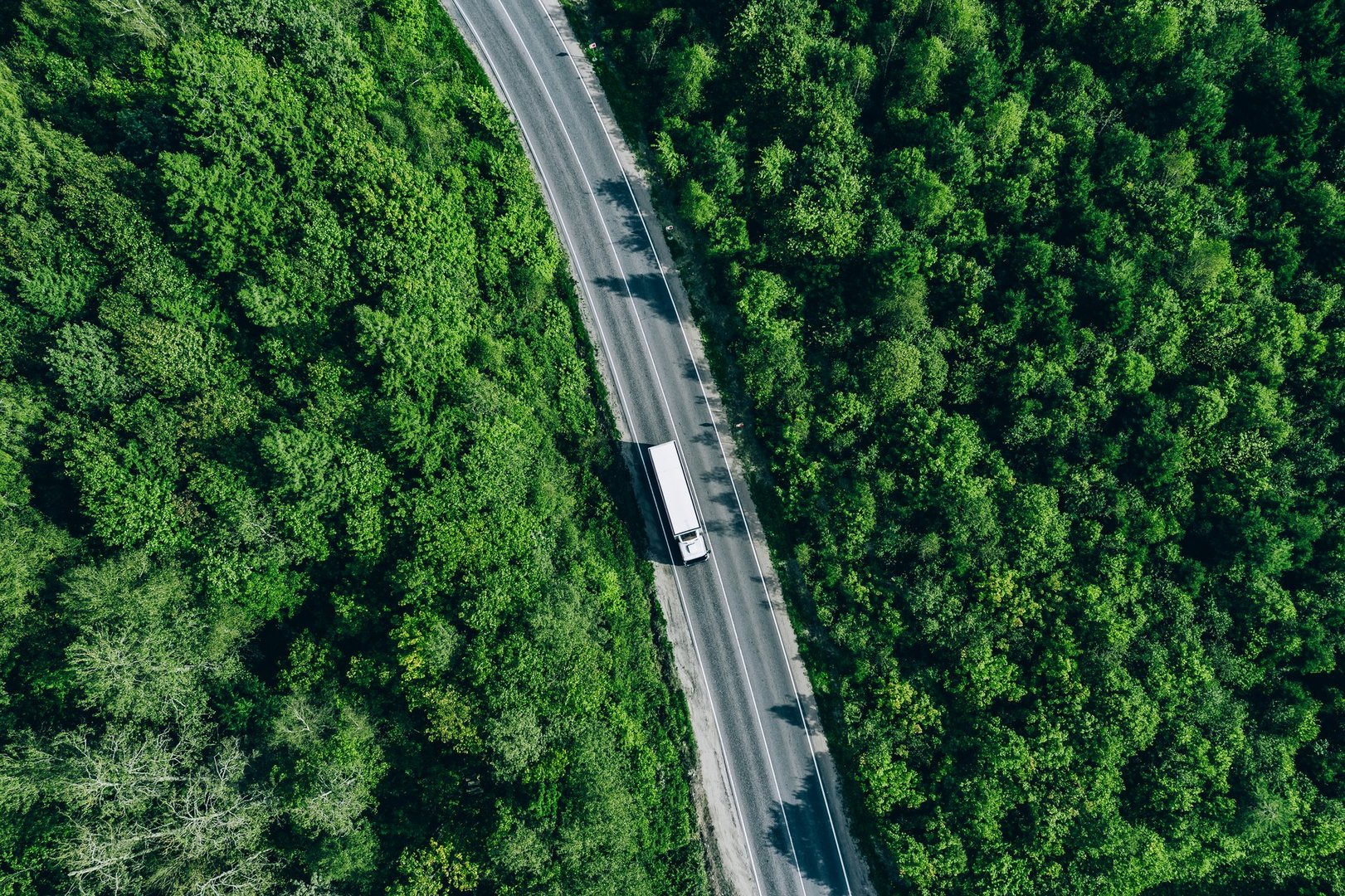 Aerial drone view of truck car on green summer curved road. Transportation and logistics concept