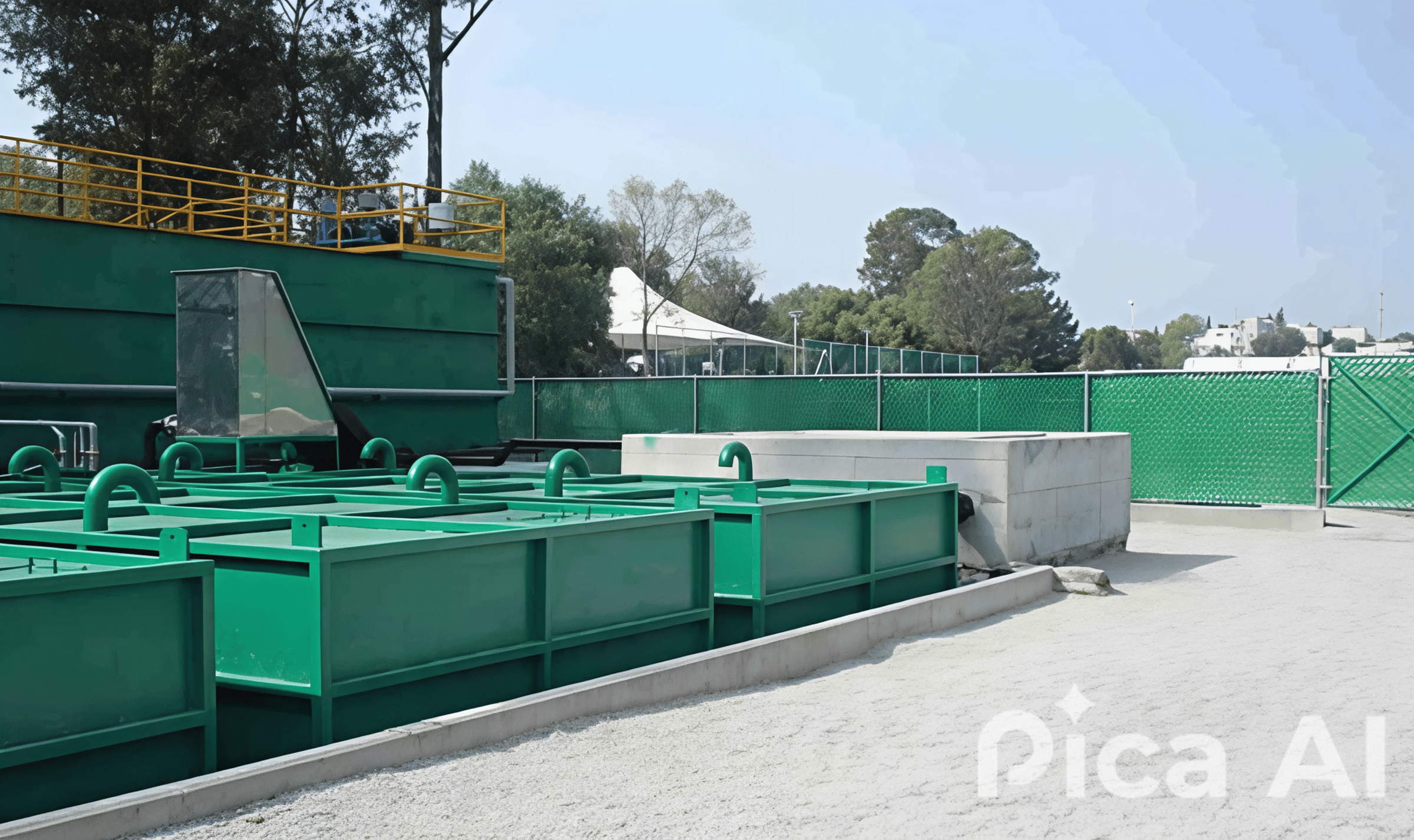 Industrial tanks with green barriers and fencing in an outdoor setting, surrounded by trees and a clear sky.