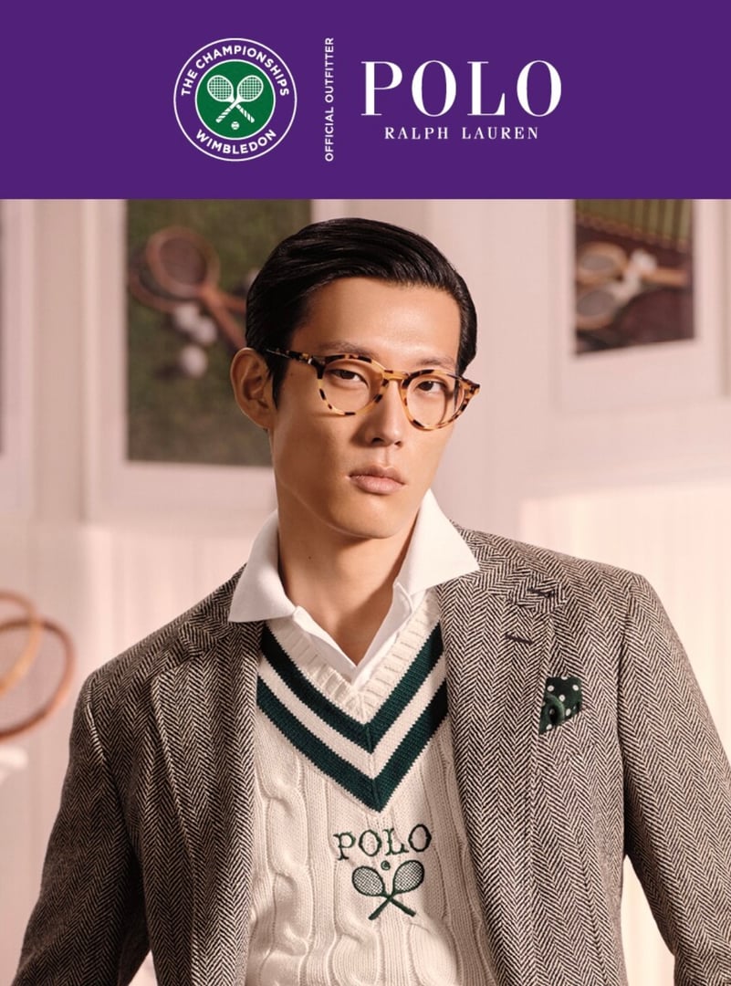 Person wearing a herringbone blazer and a white sweater with "POLO" on it, set against a tennis-themed background.