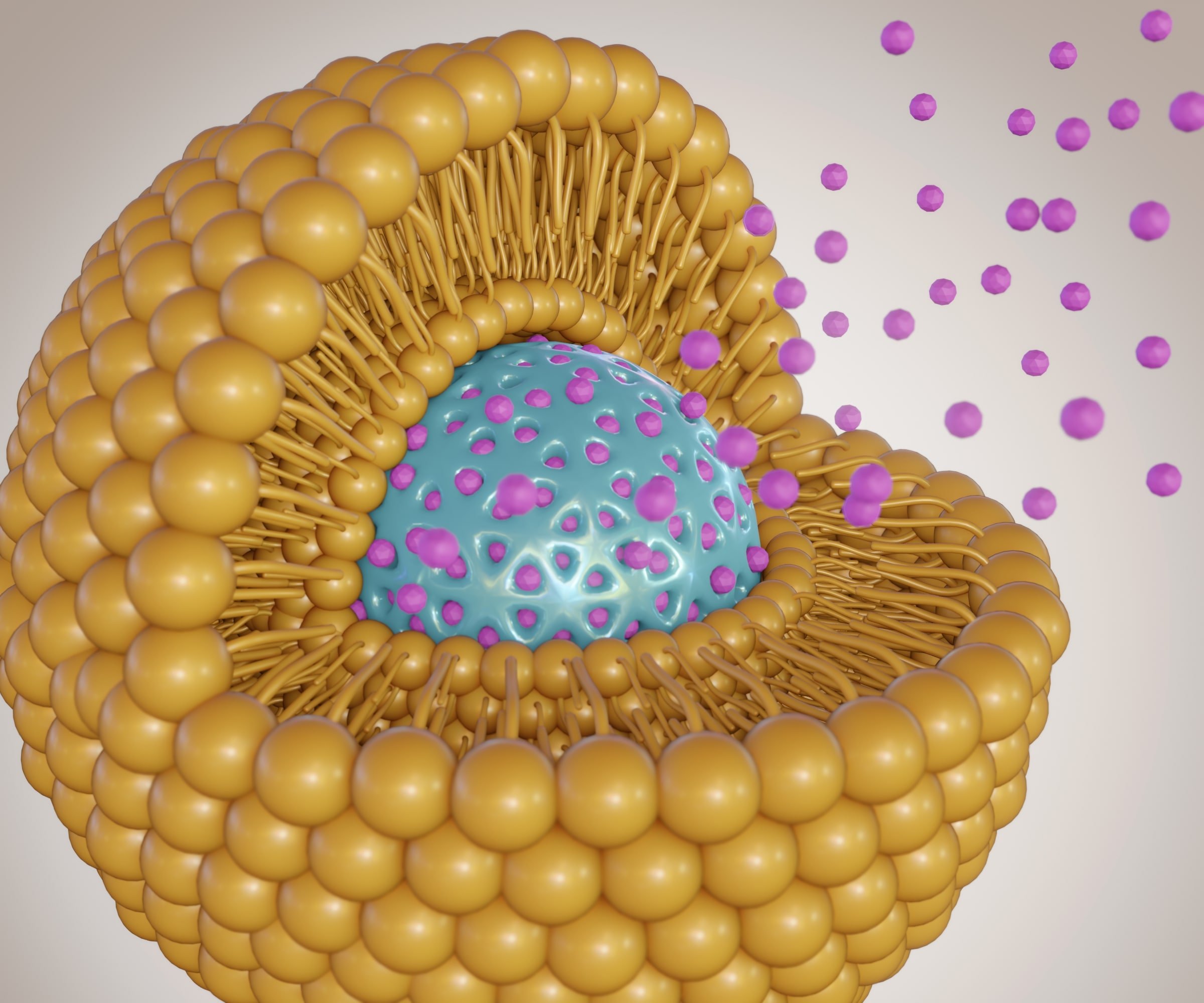 Lipid bilayer coats mesoporous silica nanoparticle as nanodrugs carrier or delivery. Nanomedicine release from encapsulated nanocarrier 3d rendering