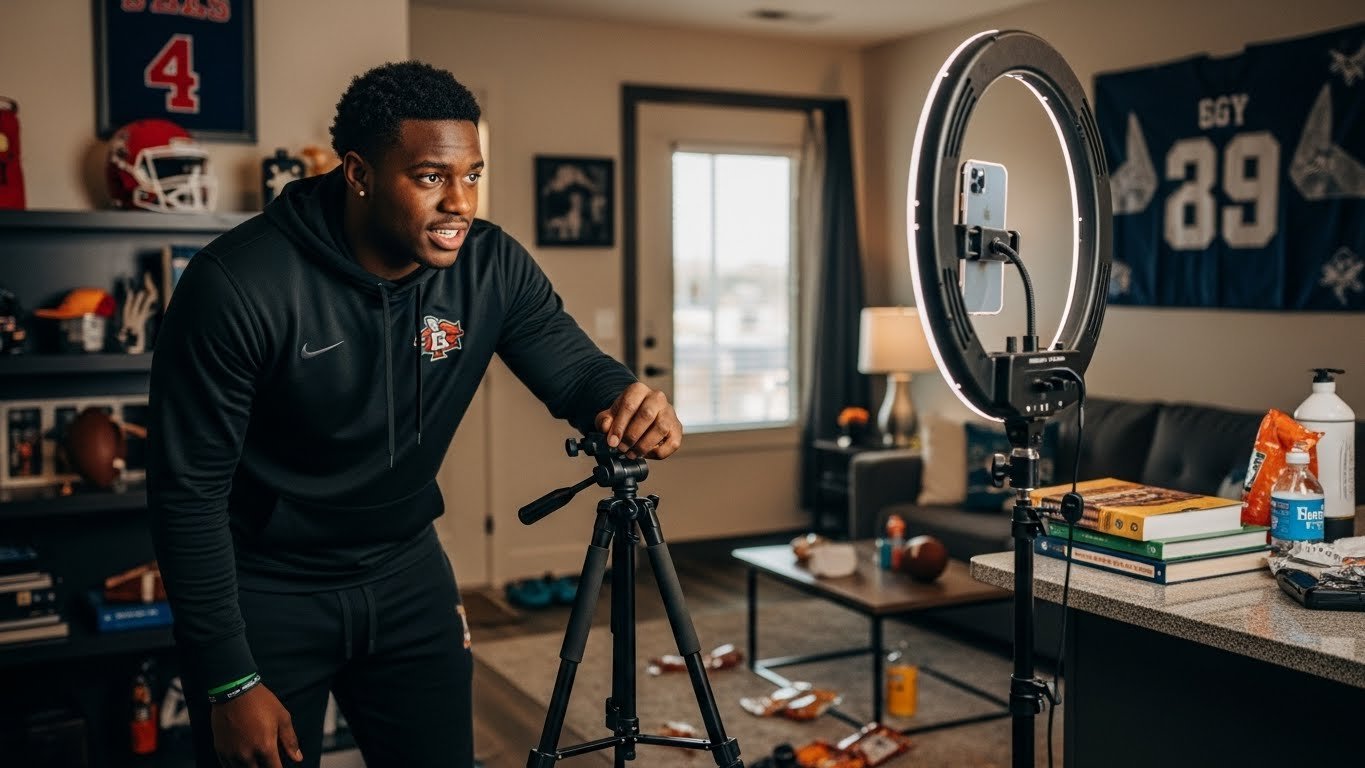 Female volleyball player filming unboxing video for brand campaign