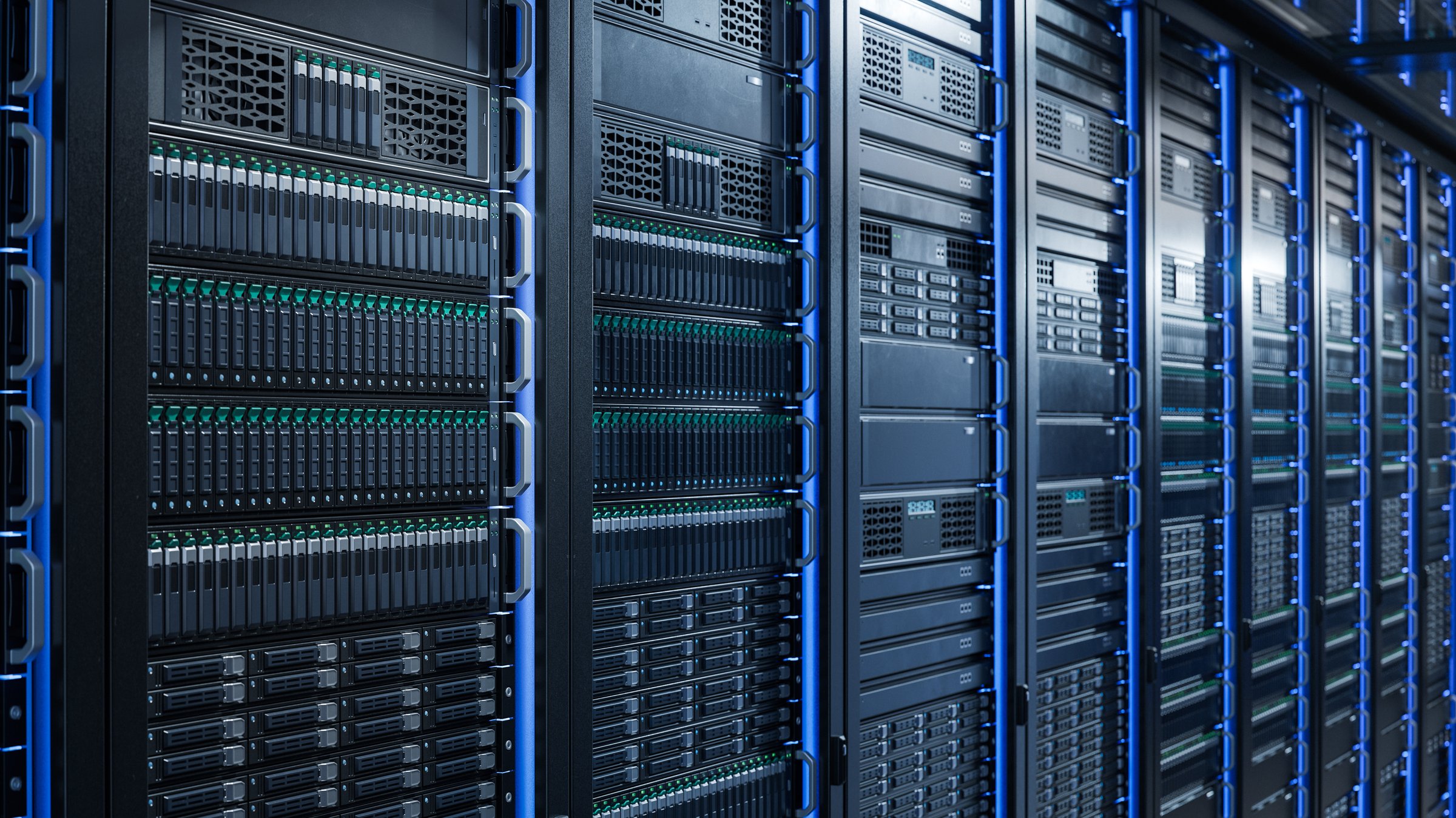 Server Racks and Cabinets full of Hard Drives inside Large Data Center. Advanced Cloud Computing Concept.