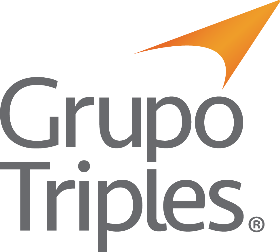 Logo of Grupo Triple-S with gray text and an orange arrow symbol.