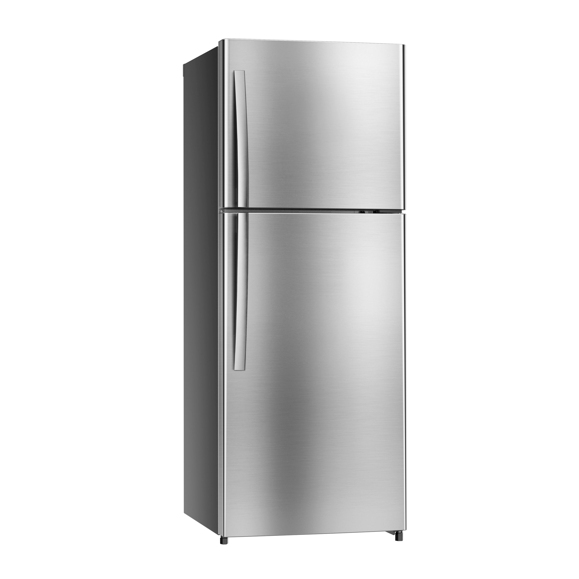 Double Door Refrigerator Isolated on White Background. Side View of Stainless Steel Fridge Freezer. Electric Appliances. Domestic Appliances. Smart Refrigerator. Kitchen Appliances