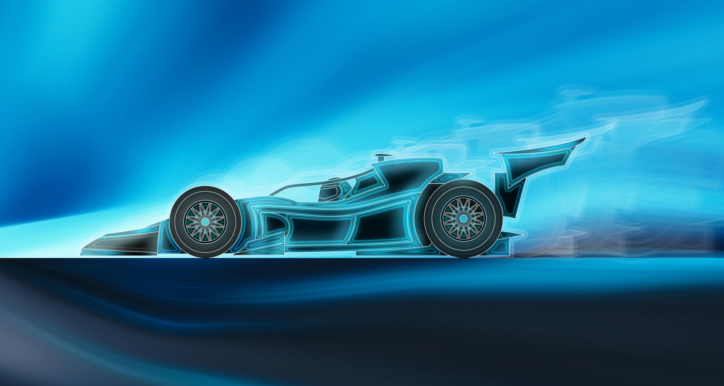 Cool blue-toned illustration of an open-wheel formula racing car cutting through the light.