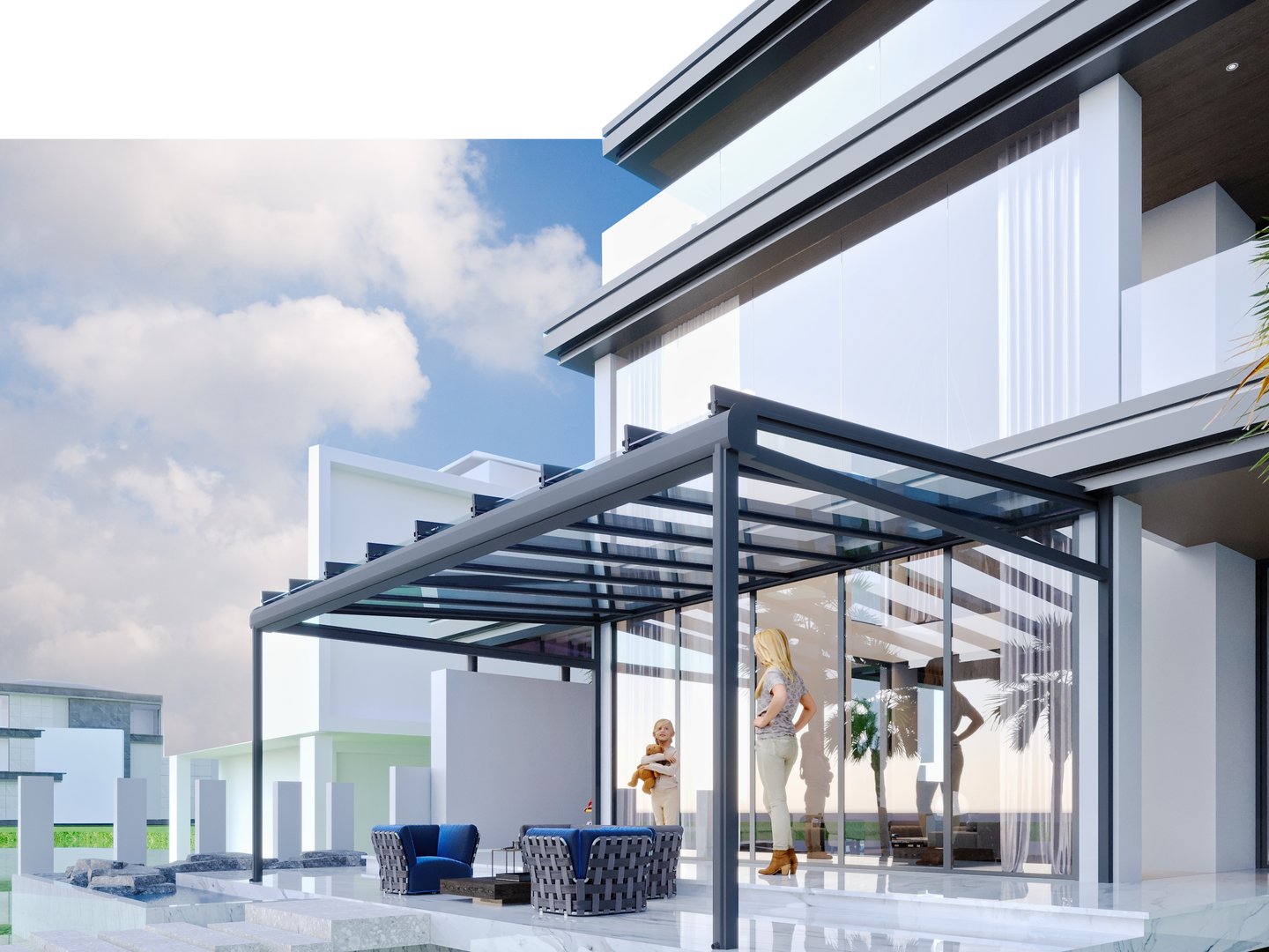 3d render of patio cover glass roof pergola
