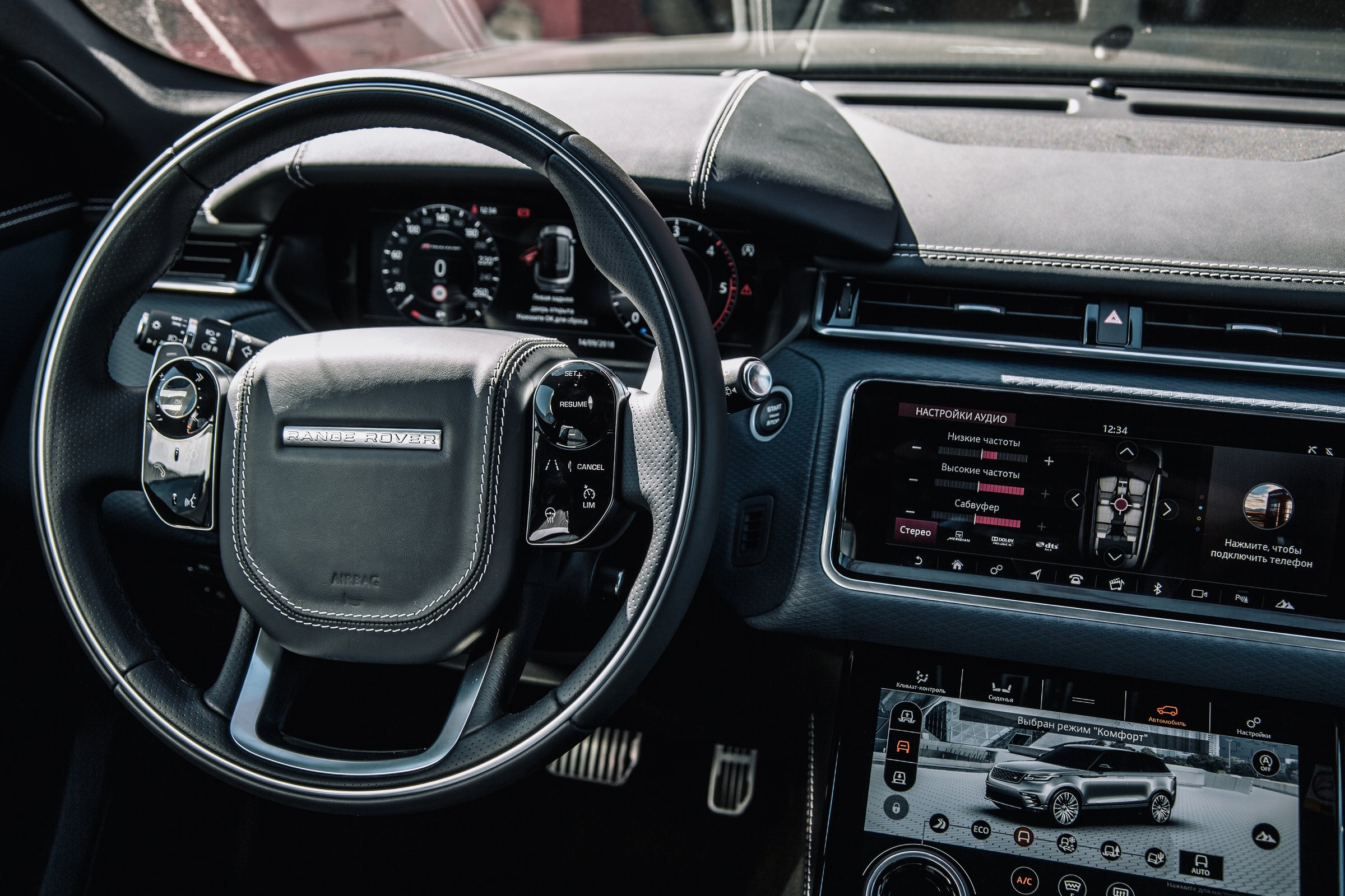 Moscow. Russia - September 14, 2018: Interior of The Land Rover Range Rover Velar in Black color compact luxury crossover SUV