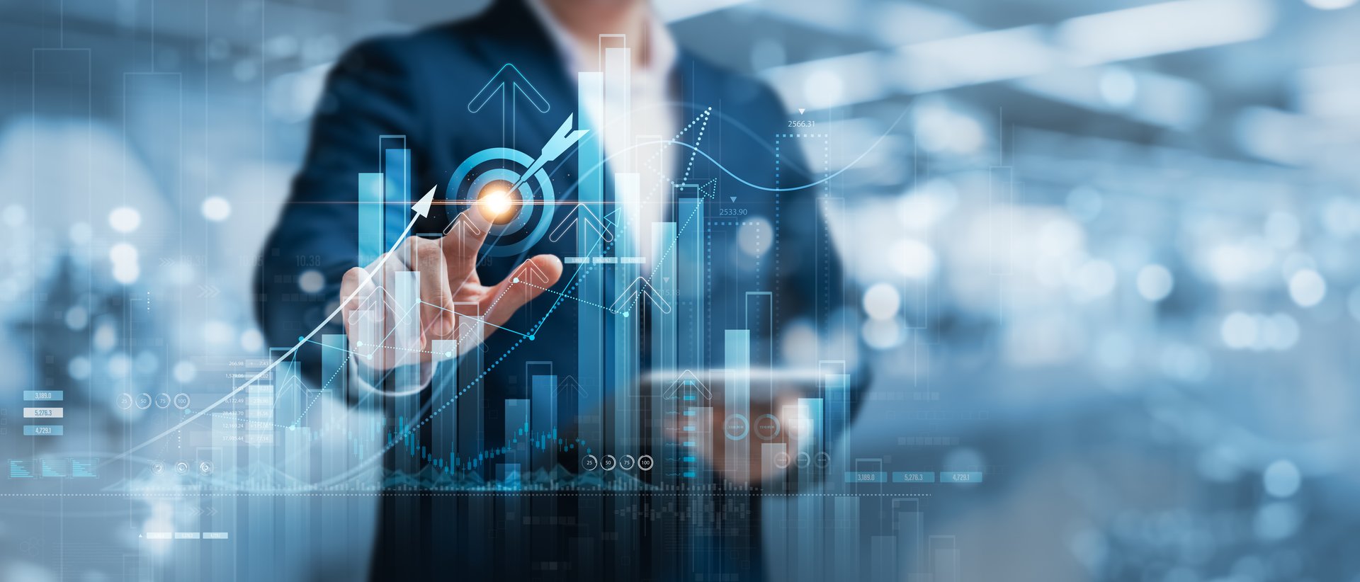 Business goal success concept, businessman touch symbol of digital marketing and target of leadership, unlock your goals with strategy, planning and goals. Suitable for business concept.