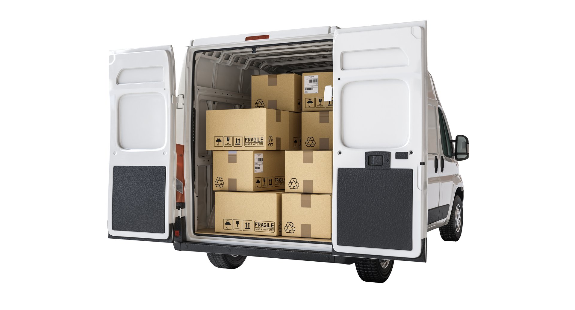 White cargo van with open doors showing a full load of neatly stacked cardboard boxes. 3d render