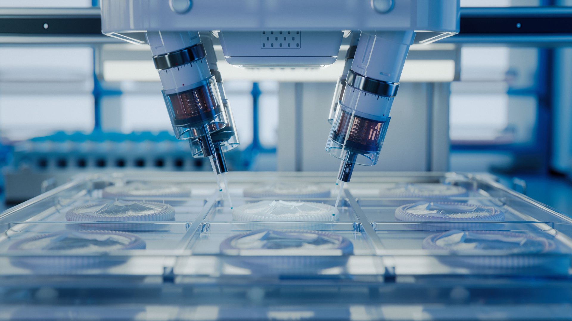 Bioprinting Technology Concept. Advanced Medical Printer Producing Artificial Heart Valves with Biopolymers. Futuristic Laboratory.
