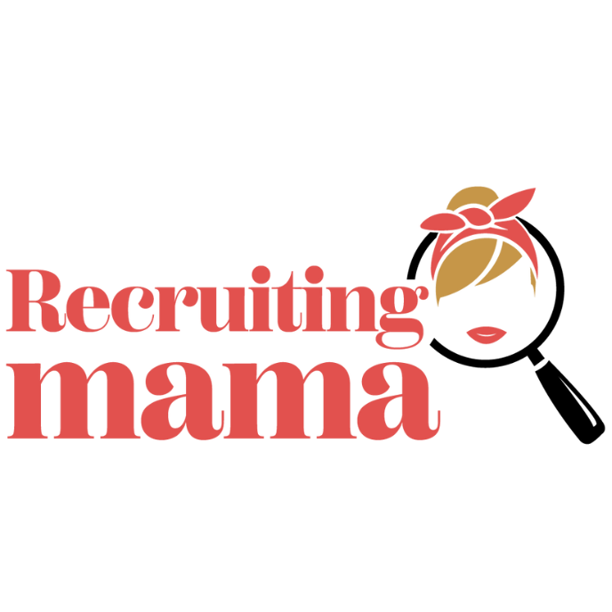 Logo with text Recruiting Mama and an illustration of a headscarf-wearing woman, symbolizing empowerment and recruitment.