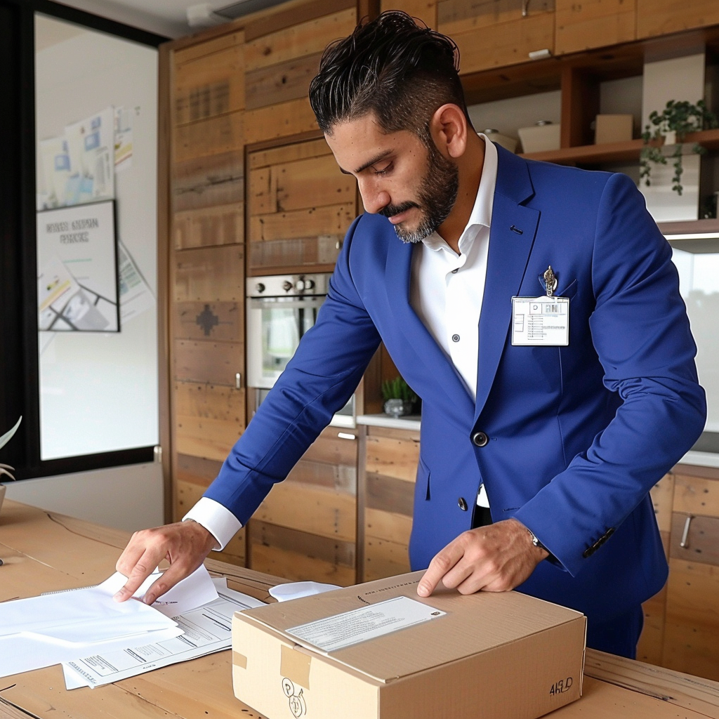 Man in a blue suit packaging a box at a wooden kitchen counter with papers and office supplies nearby.