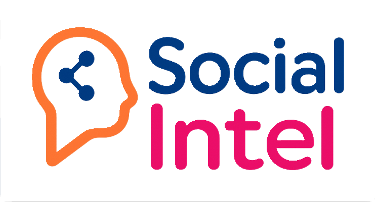 Logo of Social Intel featuring a stylized human head outline with network nodes and the company name in blue and pink letters.