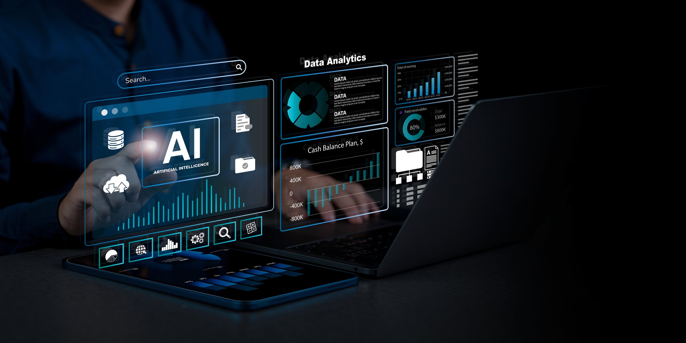 AI Data analysis. Analyst working with computer in Business Analytics and Data Management System with KPI and metrics connected to the database for technology finance, operations, sales, marketing.