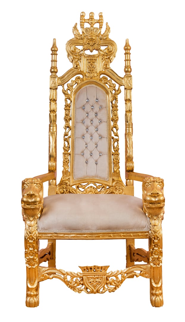 Ornate golden throne with lion head figures and white upholstery standing on a white background, representing royalty, power, and luxury