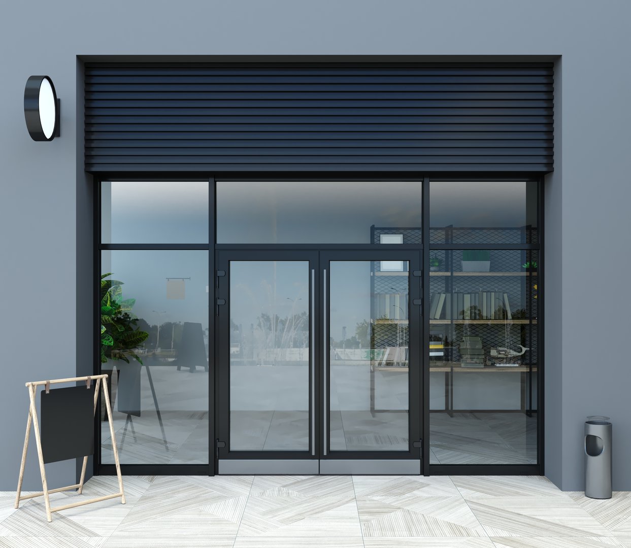 3D illustration. The facade of a modern shopping center or station, an airport with modern white office entrance door