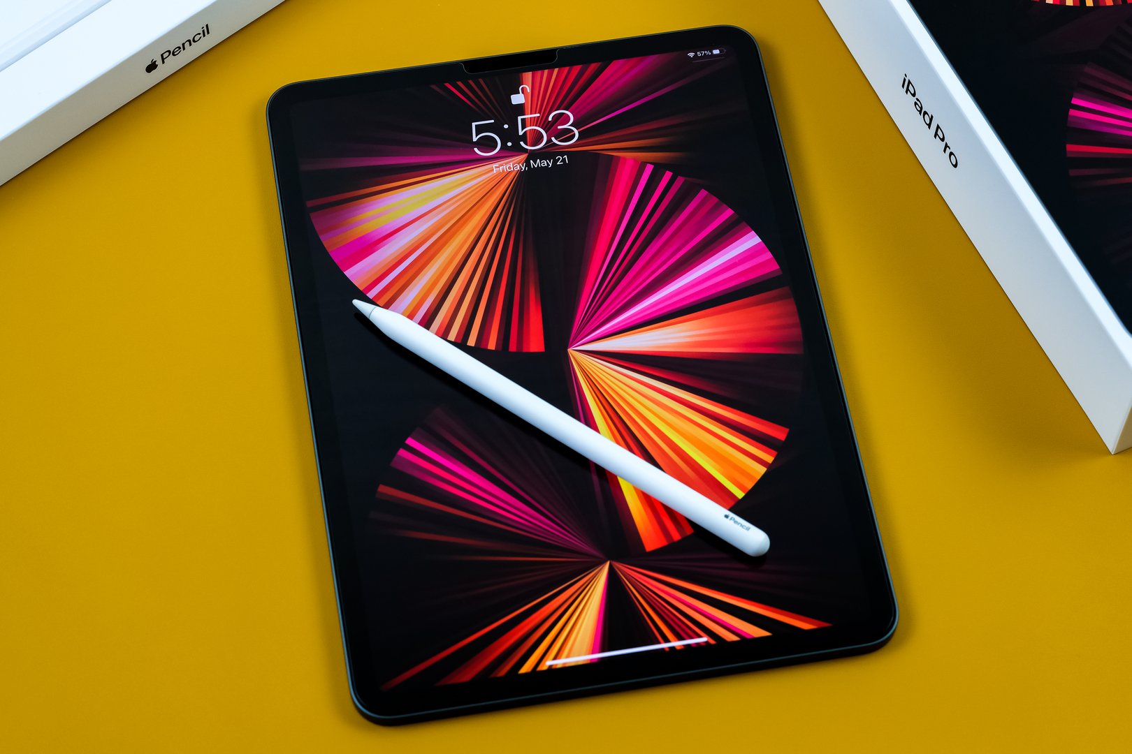 iPad Pro 11-inch 2021 model with Apple M1 chip on a desk with an Apple pencil. New York, NY, USA May 21, 2021.