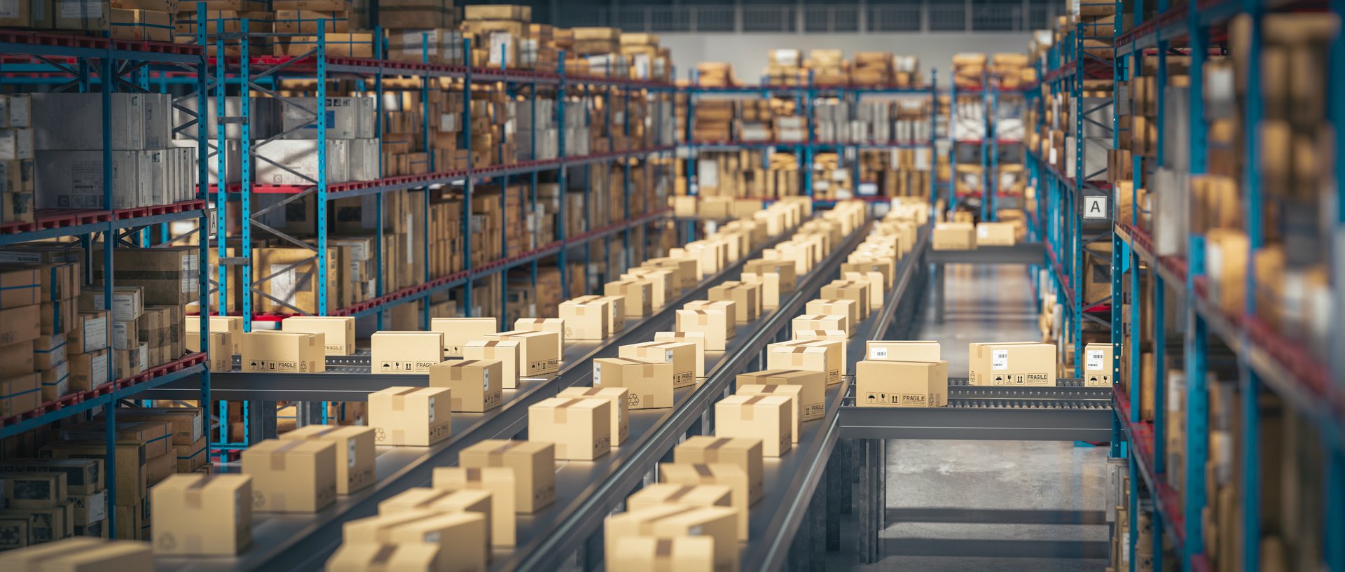 Rows of boxes move along a conveyor in a large, organized warehouse with high shelves filled with inventory