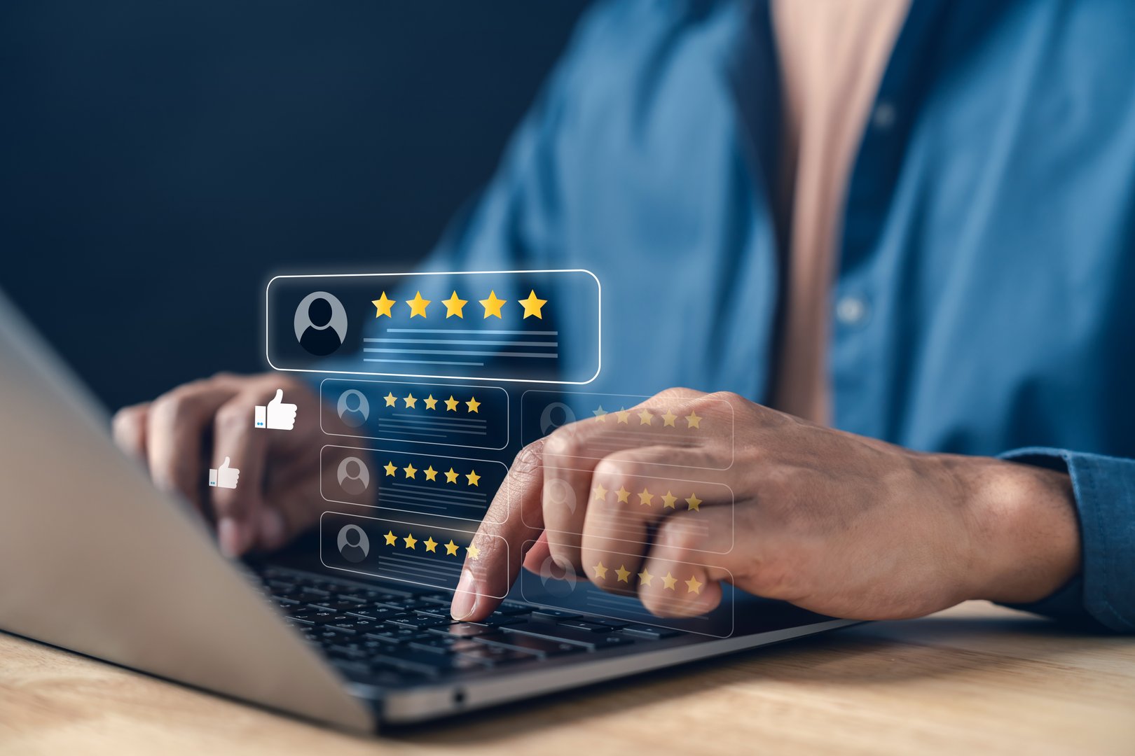 Customer experience with five star ratings. user giving reviews and feedback using a laptop. Ideal for business, service quality, and CRM marketing content.