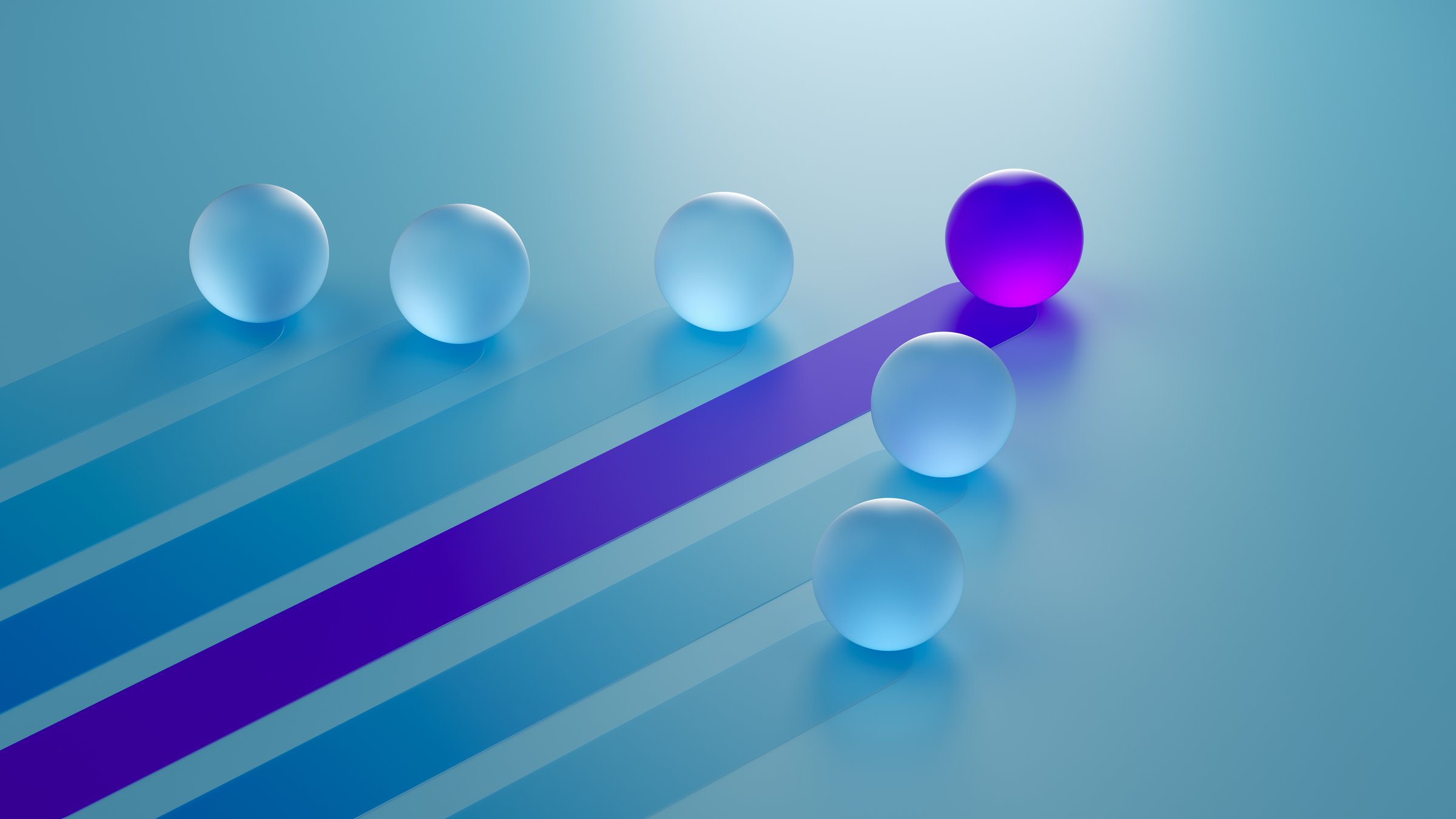 Minimalist geometric composition, sphere , sharp shadows, light background, abstract concept, leadership metaphor, standing out from the crowd, 3D rendering, clean design, vibrant colors, simplicity, stock image style, high contrast, modern art aesthetic