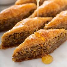 Homemade Turkish baklava arranged to be served, close-up