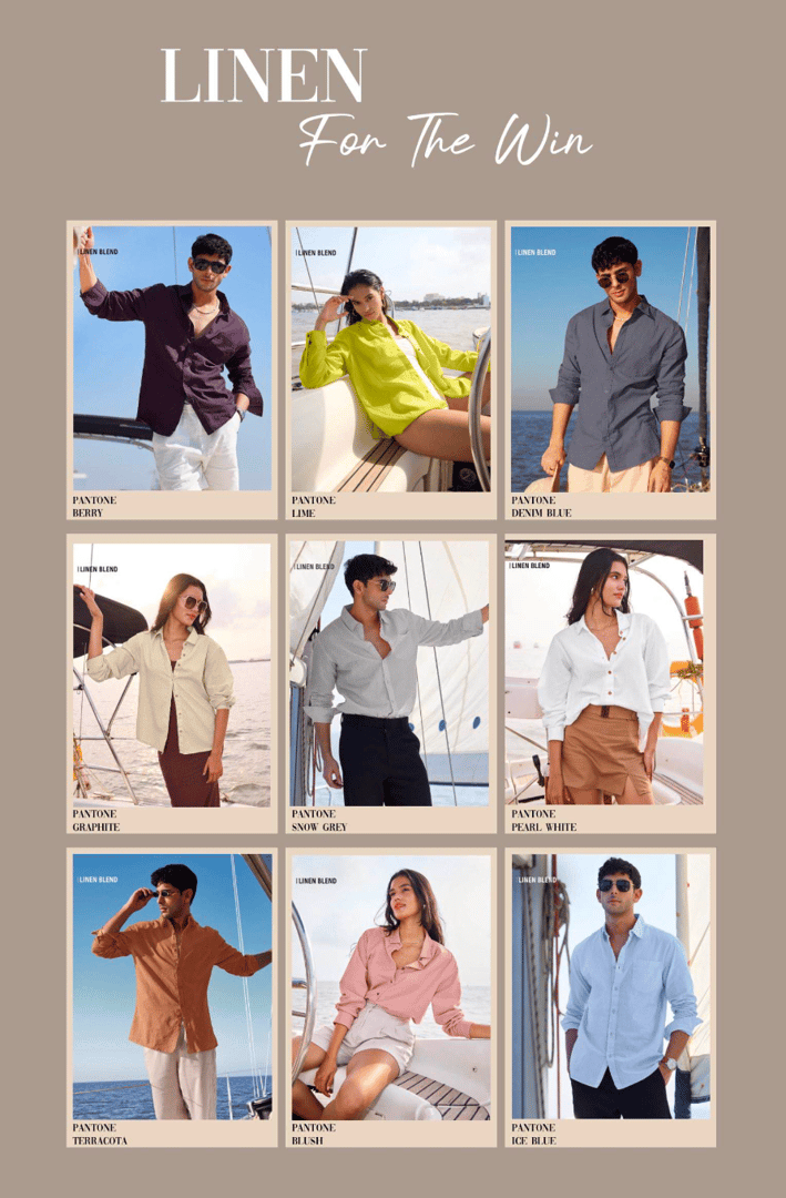 Collage of people wearing linen outfits in assorted colors, labeled with Pantone shades, on a boat.