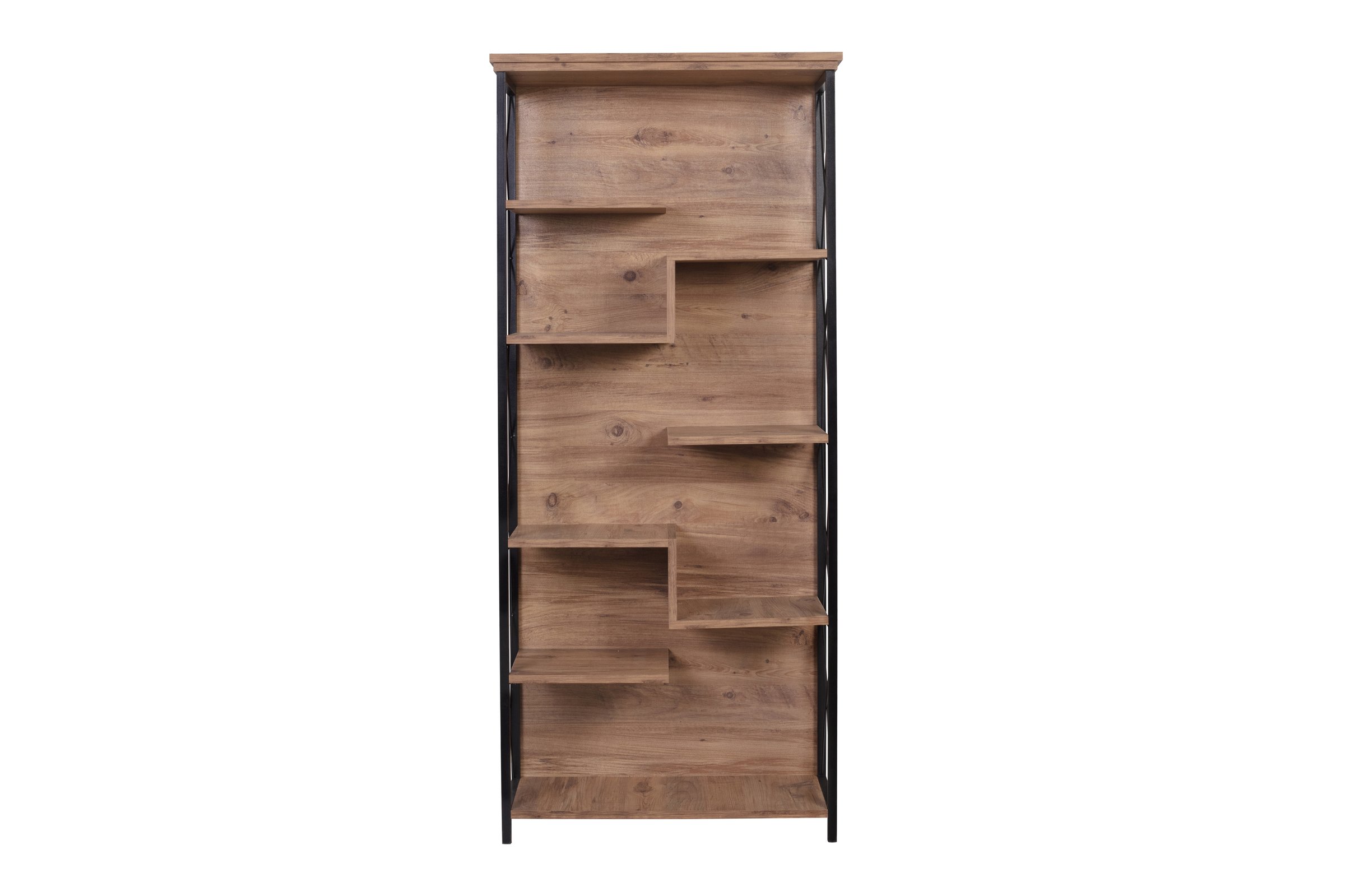 This striking bookshelf combines a rustic wood finish with an industrial-inspired metal frame, creating a versatile storage solution for any space. The open shelving design allows you to display books, decor, and other items with ease. The natural wood tones add warmth and a natural element, while the sleek black metal frame provides sturdy support and a contemporary edge. Suitable for use in the living room, home office, or any room in need of extra storage and display space, this bookcase offers both style and functionality.