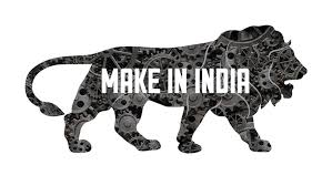 Silhouette of a lion filled with industrial gears with text Make in India inside, symbolizing manufacturing initiative.