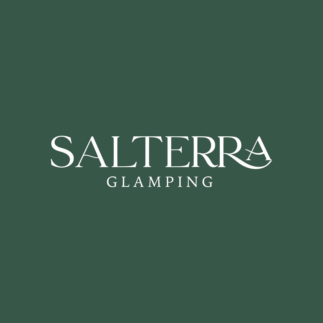 Logo with the text SALTERRA Glamping on a dark green background.