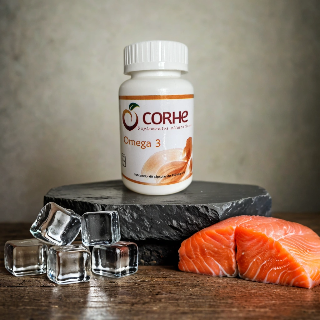 Omega 3 supplement bottle beside raw salmon slices and ice cubes on a dark slate surface.