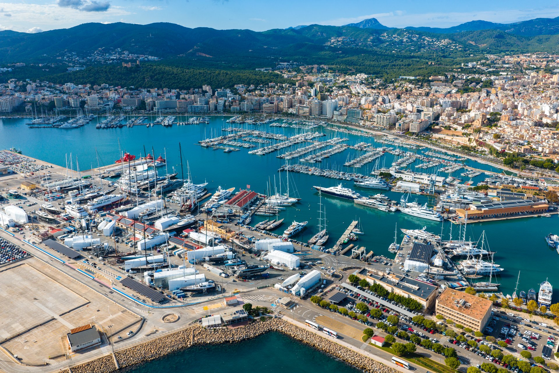 Aerial View of Palma de Mallorca Cityscape and Luxury Yacht Harbor with Cruises & Ferries