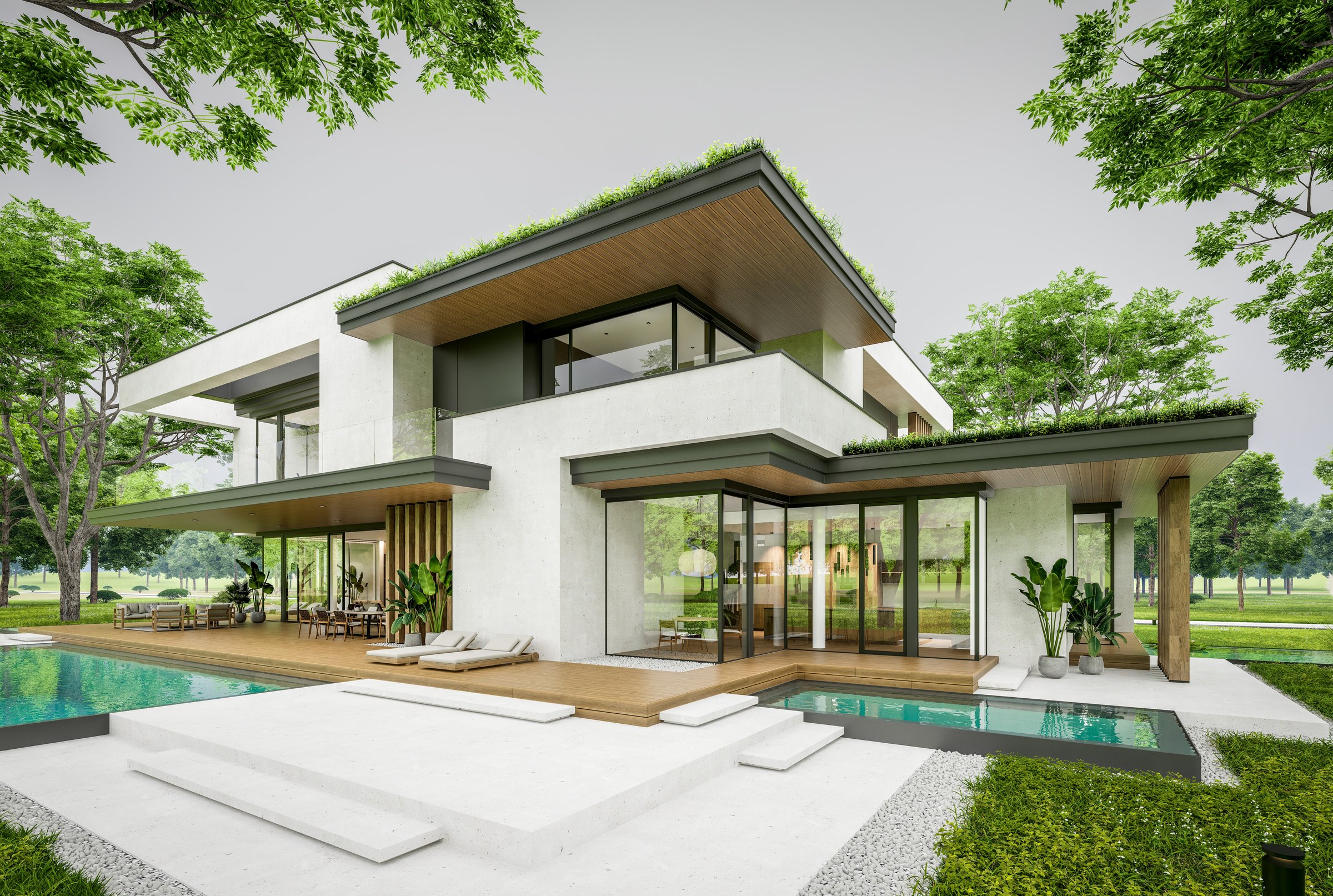 3d rendering of two-story house with parking and pool for sale or rent with concrete facade and beautiful landscaping. Cloudy white sky overcast, soft shadows