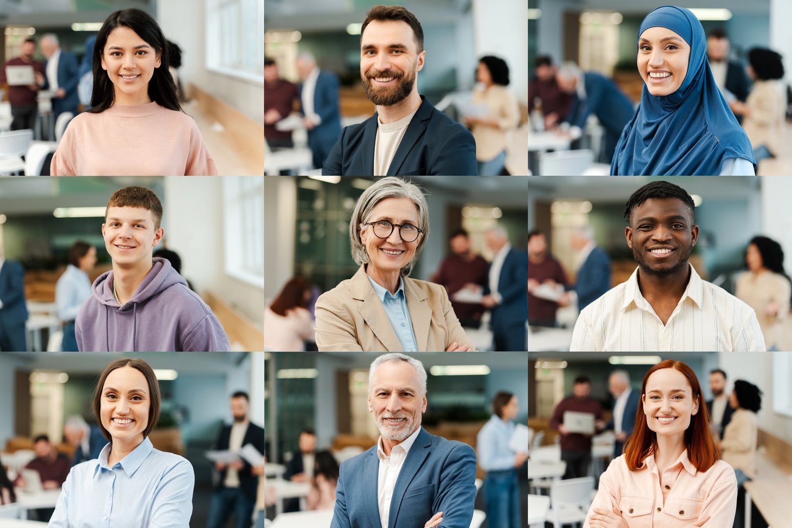 Collage portrait group of smiling multiracial business people in office. Confident, modern people faces in mosaic collection. Successful business, career, diversity concept