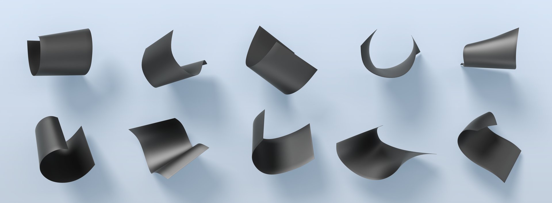 3d set of black paper pages falling down mockup isolated on blue background render icons. Realistic blank curve dark notebook sheets flying in air for sketches, drawings and doodles. 3D illustration