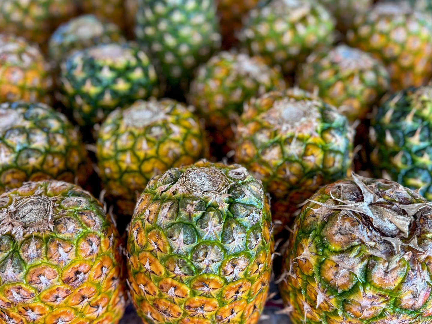 Close up of fresh ripe pineapples with vibrant yellow and green hues, arranged in a market setting. A detailed texture and natural colors highlight the tropical fruits appeal. High quality photo