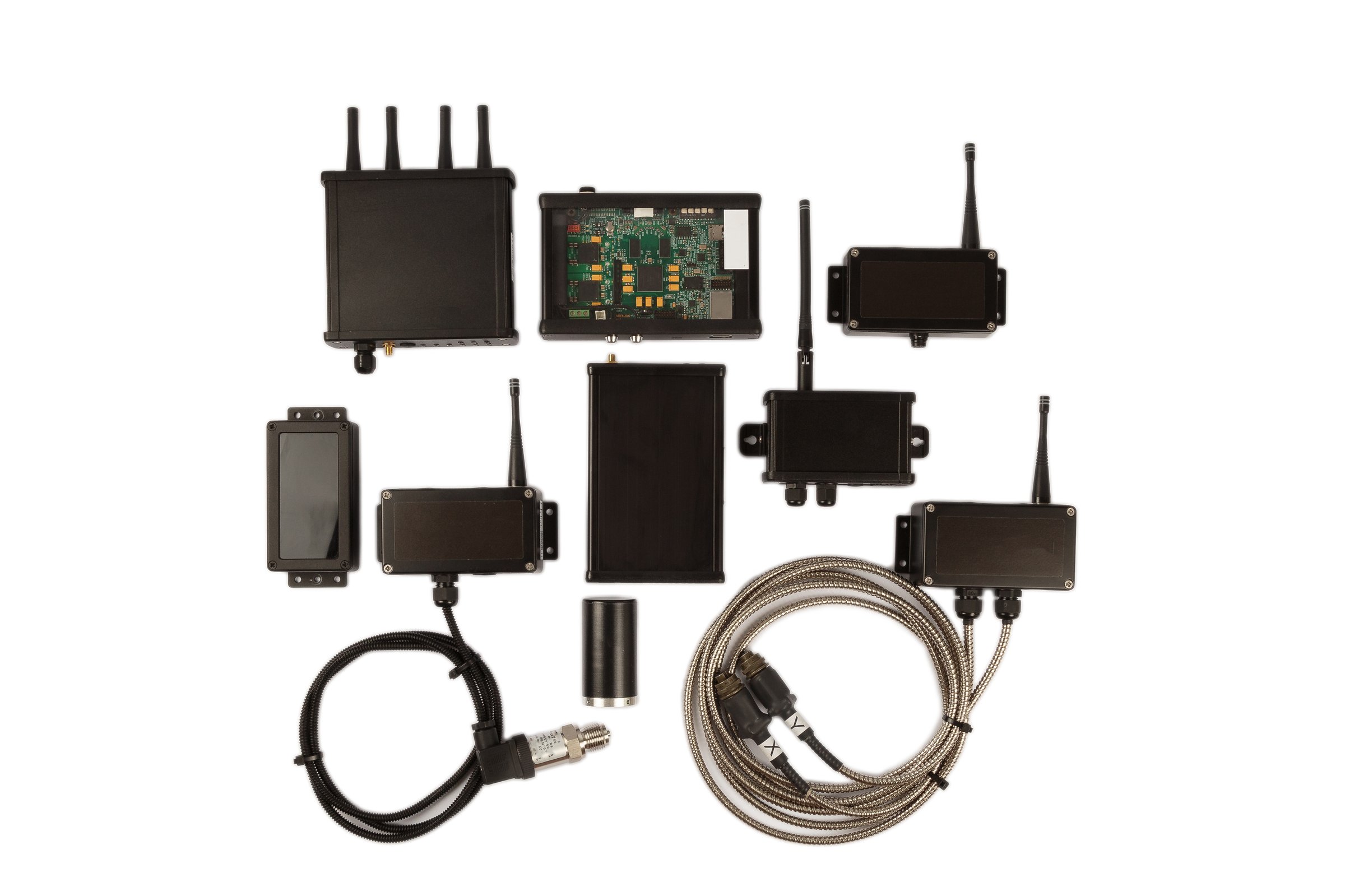 Modern electronic circuits on a white background, a set of various devices.
