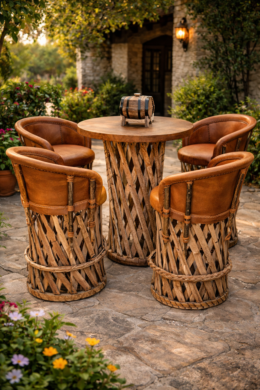 Juego bistró equipal: mesa redonda alta con 4 bancos altos con respaldo, cuero natural color tabaco