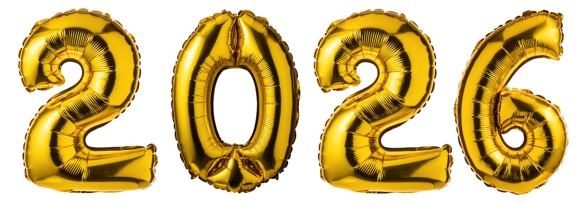 Happy New Year 2026 festive golden balloons isolated. on white background. Gold Numbers 2026.
