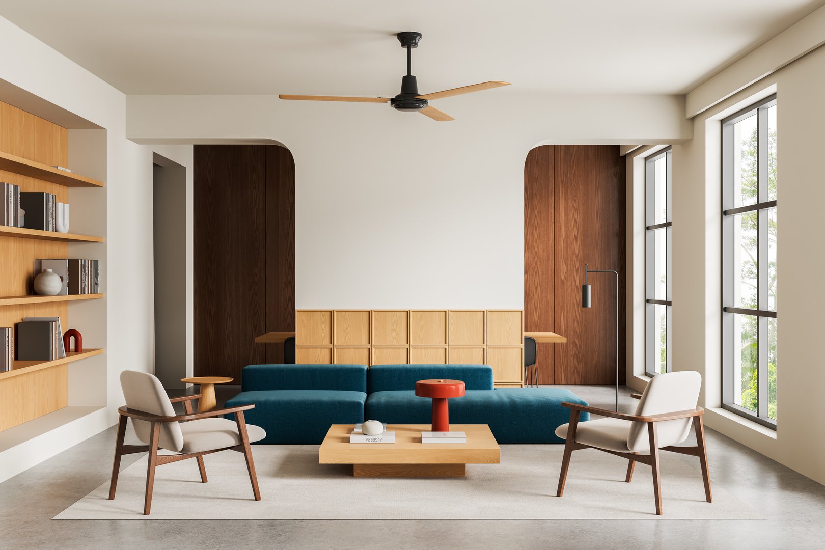 Contemporary living room with teal sofa, wood furniture, modern decor in minimalist style on bright interior background. Concept of modern architecture. 3D Rendering