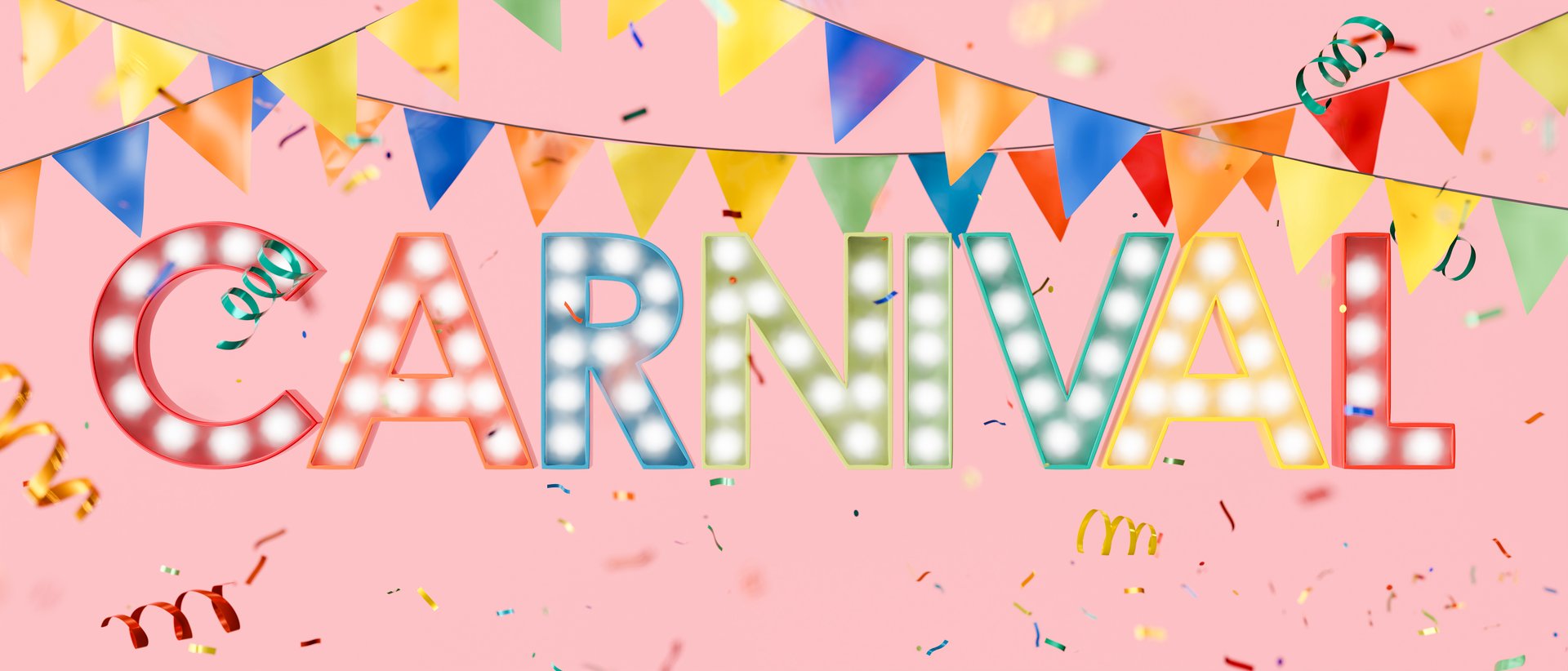 Colorful illuminated carnival sign with flags and confetti falling against a vibrant pink backdrop, celebrating festive joy and amusement. 3d rendering