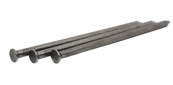 Four silver metal nails aligned side by side, showing the flat heads and pointed tips on a white background.