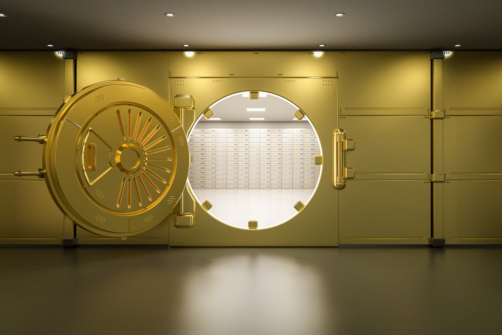 3d rendering golden bank vault door open with shining light