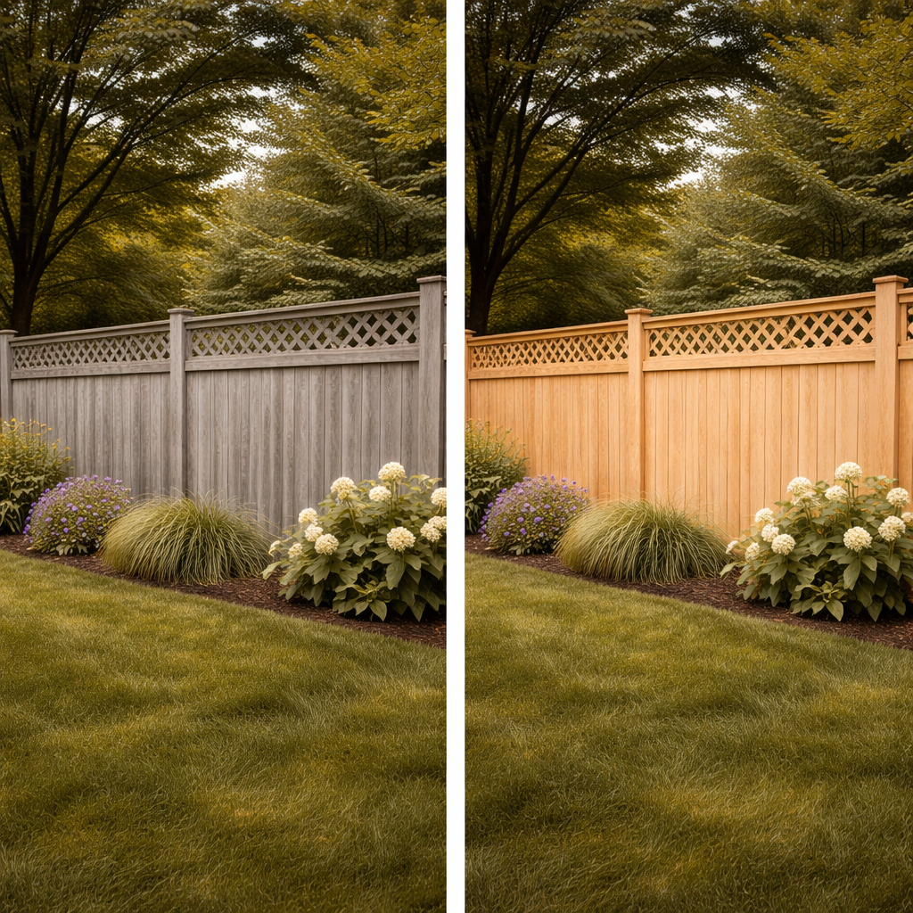 Light gray dusty fence with water stains and efflorescence