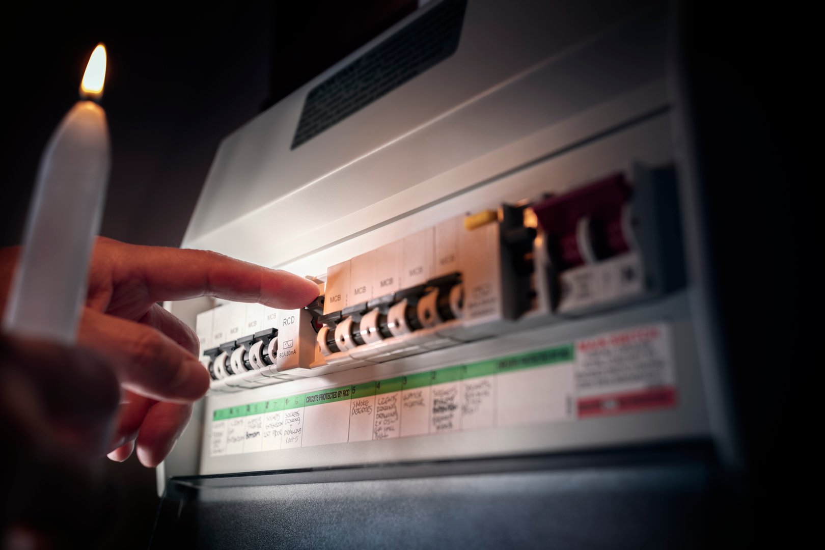 Electricity power outage or blackout emergency turning on or off circuit breaker on electrical fuse board with candle