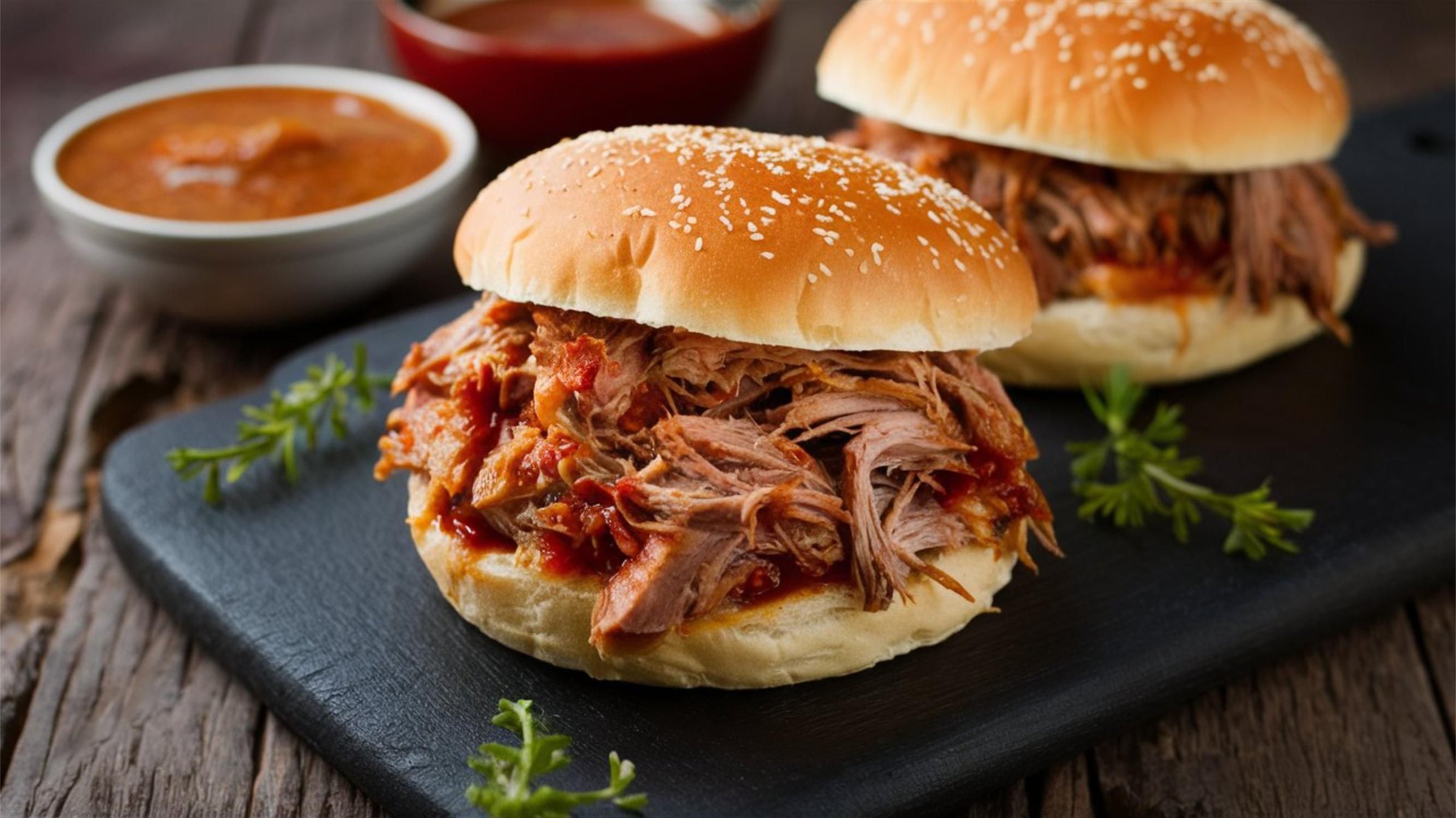 Delicious pulled pork sandwiches with sesame buns served on a rustic wooden table, accompanied by a side of barbecue sauce.